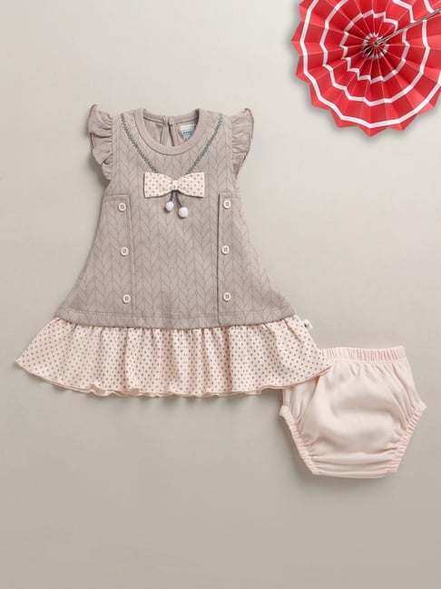 Bumzee Girls Grey Cotton Regular Fit Graphic Print Dress with Panty