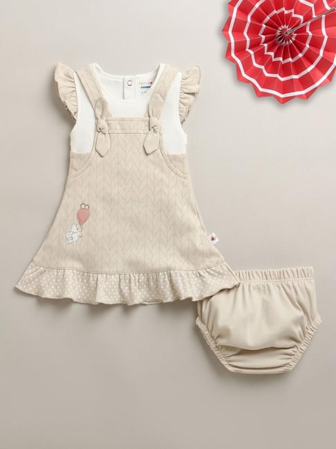 Bumzee Girls Beige Cotton Regular Fit Printed Dress with Panty