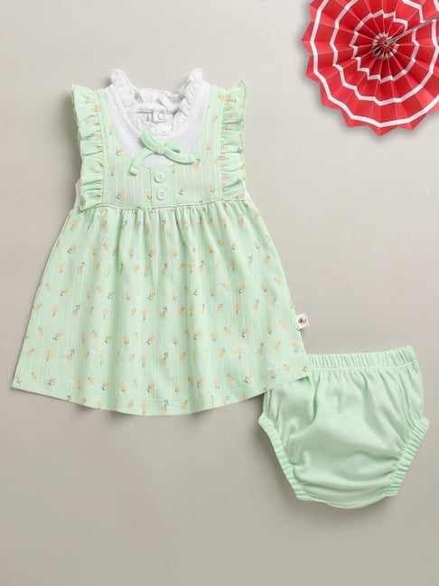 Bumzee Girls Mint Green Cotton Regular Fit Floral Print Dress with Panty