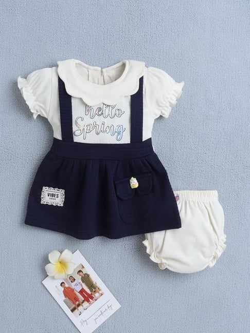 Bumzee Girls Navy and Cream Regular Fit Dress with Panty