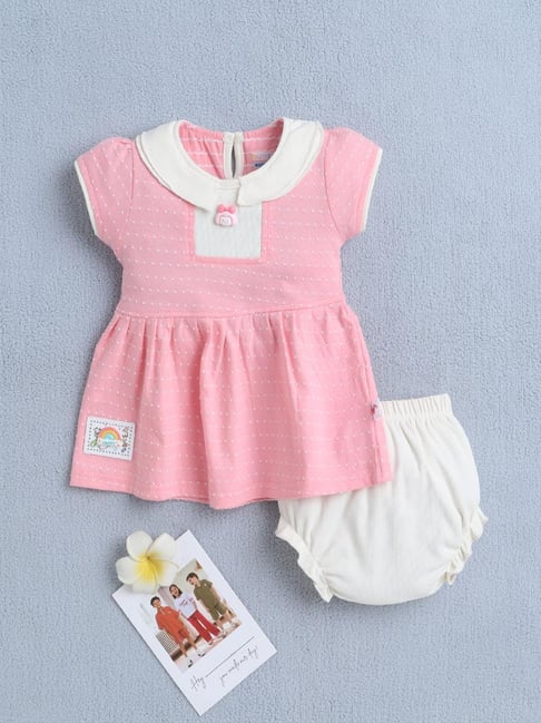 Bumzee Girls Pink and Cream Regular Fit Dress with Panty