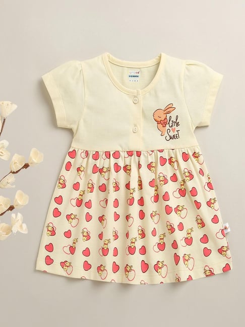 Bumzee Girls Cream Cotton Regular Fit Printed Casual Dress