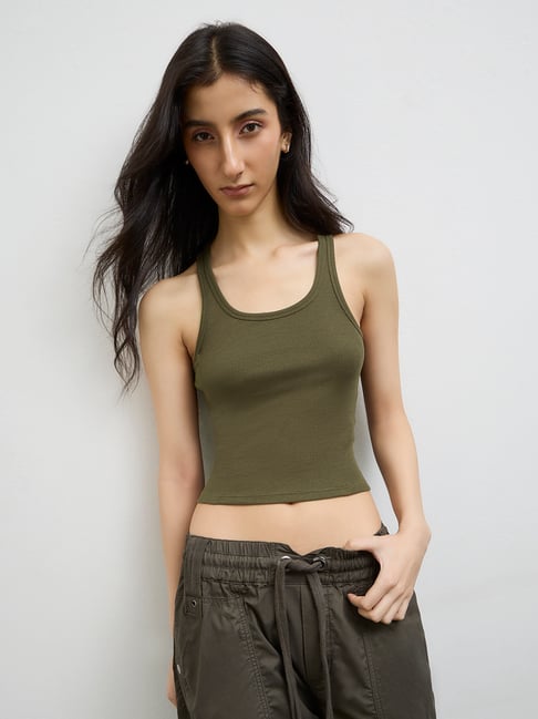 Nuon by Westside Olive Ribbed Cotton-Blend Tank Top