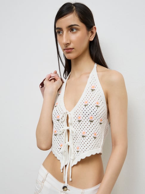 Nuon by Westside Off-White Floral Embroidered Crochet Top