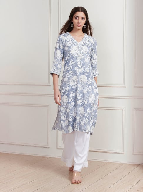 Biba Blue Viscose Printed Kurta-picture-27