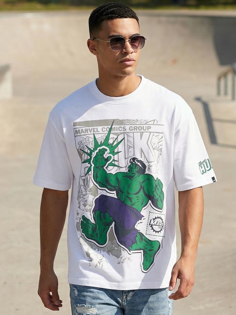 Bewakoof Marvel Men's White Hulk Comic Graphic Printed Oversized T-shirt-picture-31