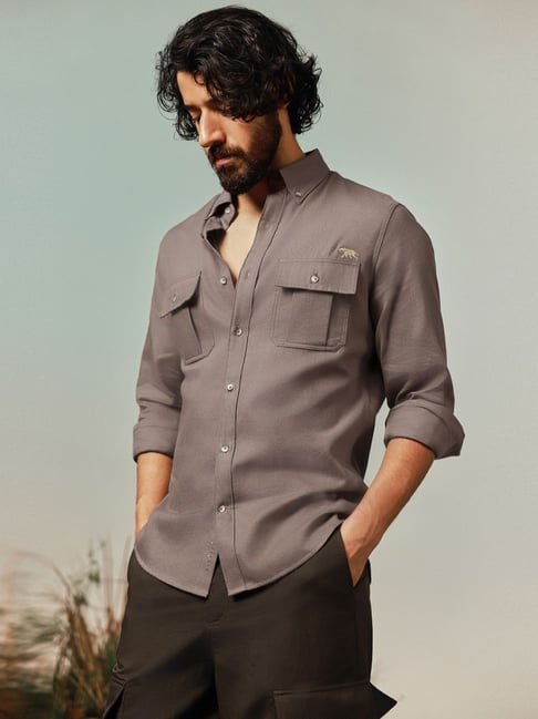 Andamen Brown Cotton Slim Fit Shirt
