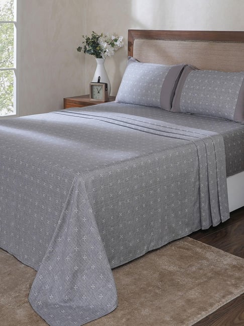 Maspar Grey Cotton Floral Print Double Size Bedsheet with 2 Pillow Cases