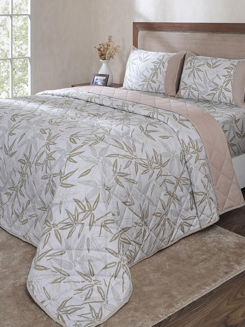 Maspar Beige Floral Print King Size Quilt and Bedsheet with 2 Pillow Cases-image-13