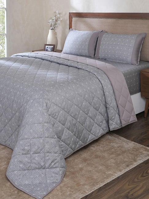 Maspar Grey Floral Print King Size Quilt and Bedsheet with 2 Pillow Cases-image-30