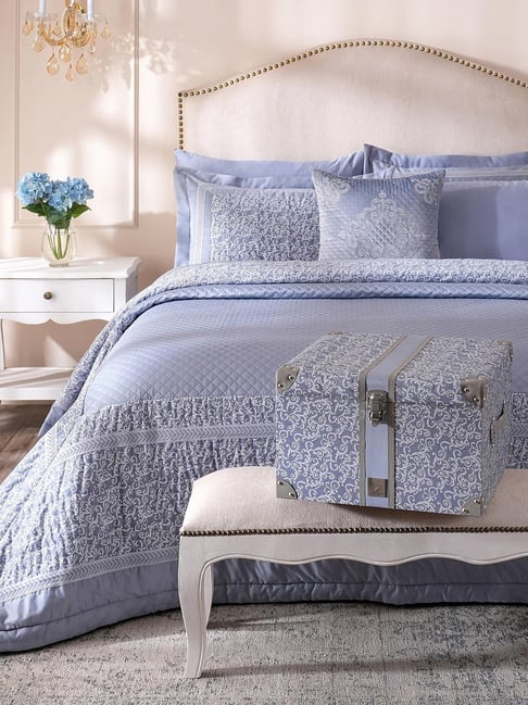 Maspar Blue Floral Print Double Size Quilt, Bedsheet and 2 Pillow Case with Cushion Cover