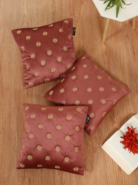 HOSTA HOMES Peach Velvet Embroidered Cushion Covers - Pack of 3-image-49
