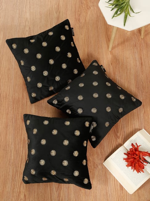 HOSTA HOMES Black Velvet Embroidered Cushion Covers - Pack of 3-image-2