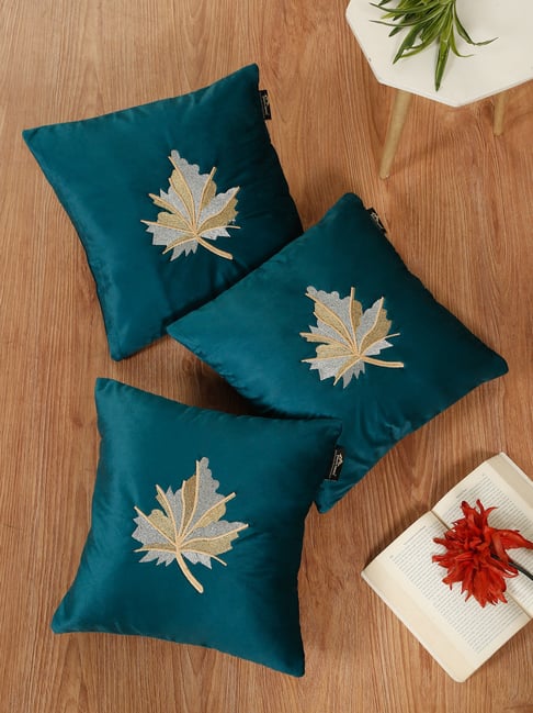 HOSTA HOMES Green Velvet Embroidered Cushion Covers - Pack of 3-image-22
