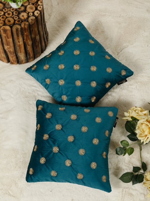 HOSTA HOMES Green Velvet Embroidered Cushion Covers - Pack of 2-image-23