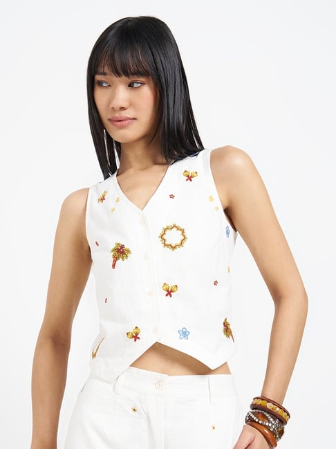 Akkriti by Pantaloons Women's Snow White Regular Fit Embroidered Sleeveless Waistcoat Top-picture-14