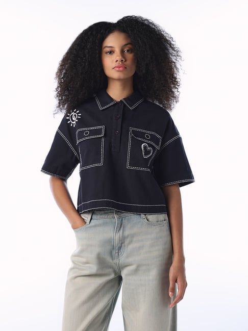Only Night Sky Cotton Loose Fit Embroidered Cropped Shirt-image-10