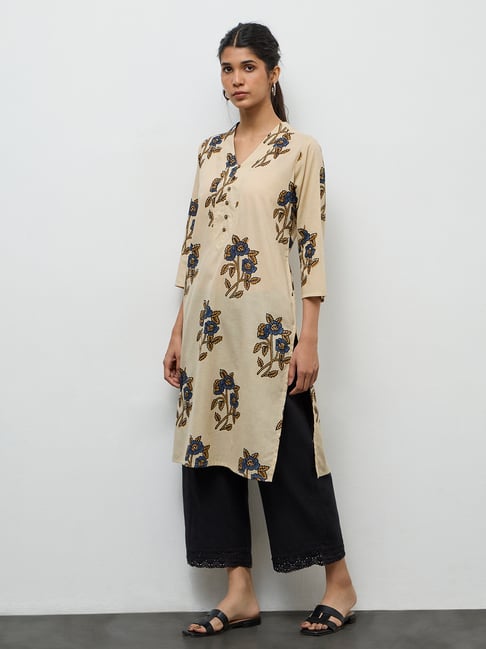 utsa by westside beige floral design cotton straight kurta