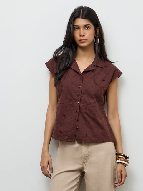 LOV by Westside Dark Brown Floral Embroidered Cotton Blouse