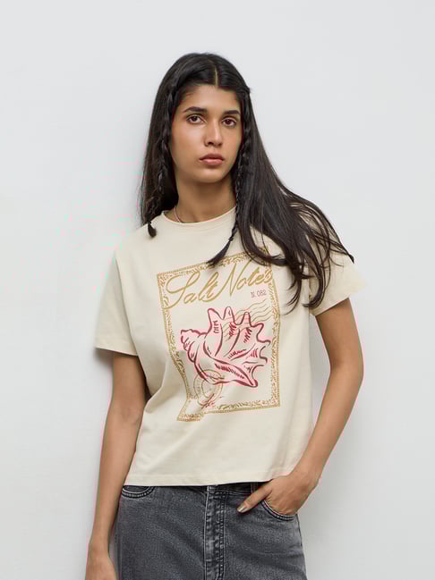 LOV by Westside Cream Graphic Printed Cotton T-Shirt