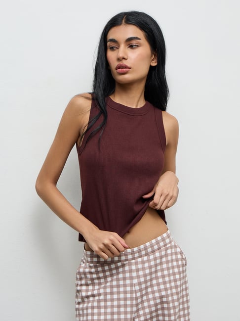 superstar by westside dark brown ribbed cotton-blend tank top