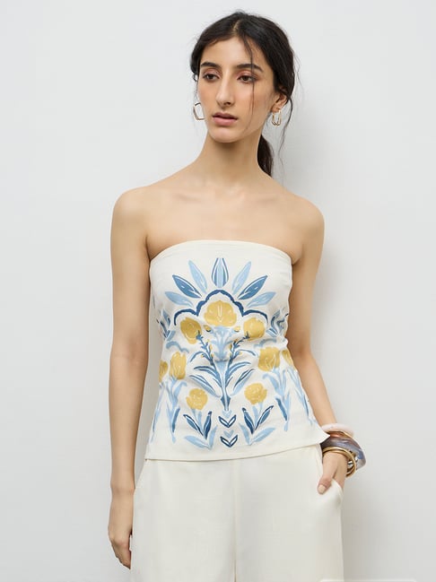 Bombay Paisley by Westside Off-White Floral Cotton-Blend Tube Top