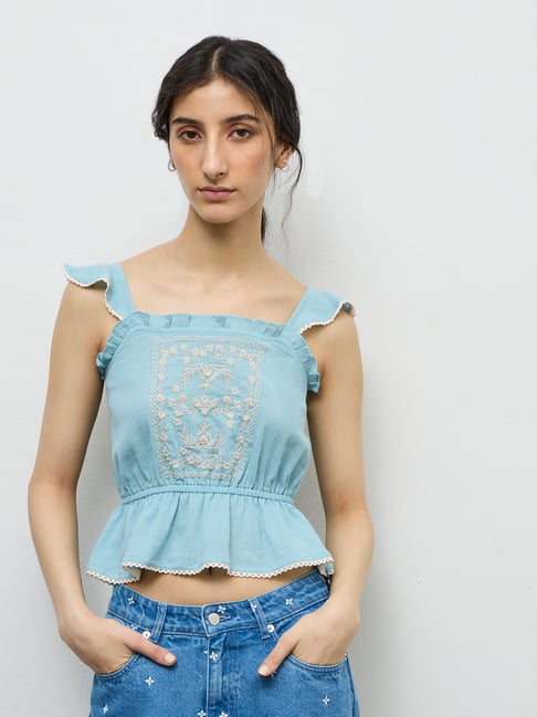 Bombay Paisley by Westside Light Blue Embroidered Cotton Top