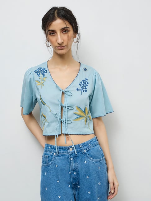 Bombay Paisley by Westside Blue Embroidered Cotton-Blend Top