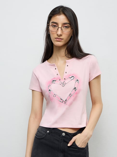 Nuon by Westside Light Pink Graphic Printed Cotton-Blend T-Shirt