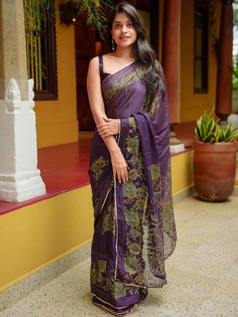 MIRCHI FASHION Purple Chiffon Floral Print Saree With Unstitched Blouse-picture-46