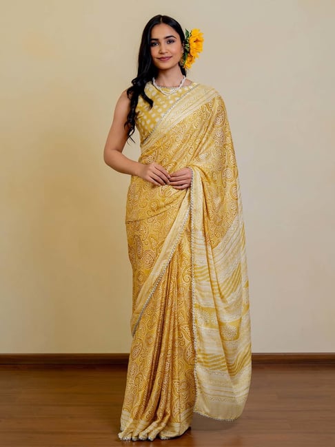 MIRCHI FASHION Yellow Chiffon Printed Saree With Unstitched Blouse-picture-16