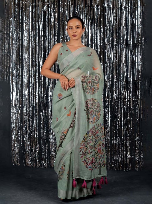 MIRCHI FASHION Green Floral Print Saree With Unstitched Blouse-picture-21