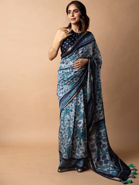 MIRCHI FASHION Navy Blue Floral Print Saree With Unstitched Blouse-picture-14