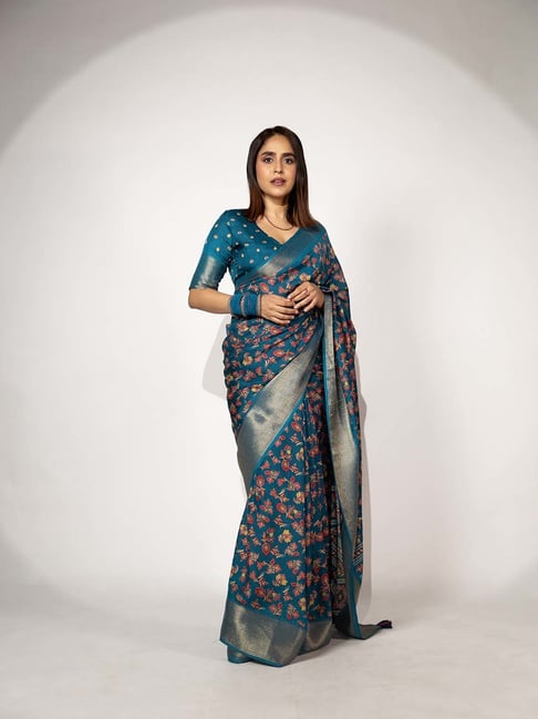 MIRCHI FASHION Navy Blue Floral Print Saree With Unstitched Blouse-picture-29