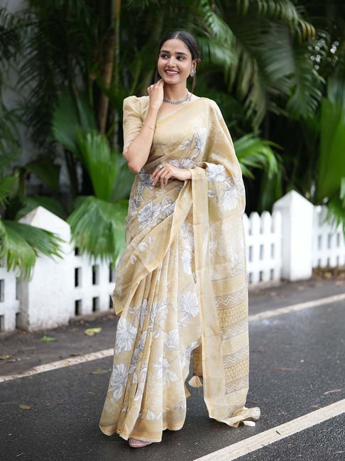 MIRCHI FASHION Beige Floral Print Saree With Unstitched Blouse-picture-36