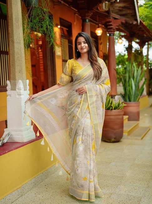 MIRCHI FASHION Light Grey Floral Print Saree With Unstitched Blouse-picture-45