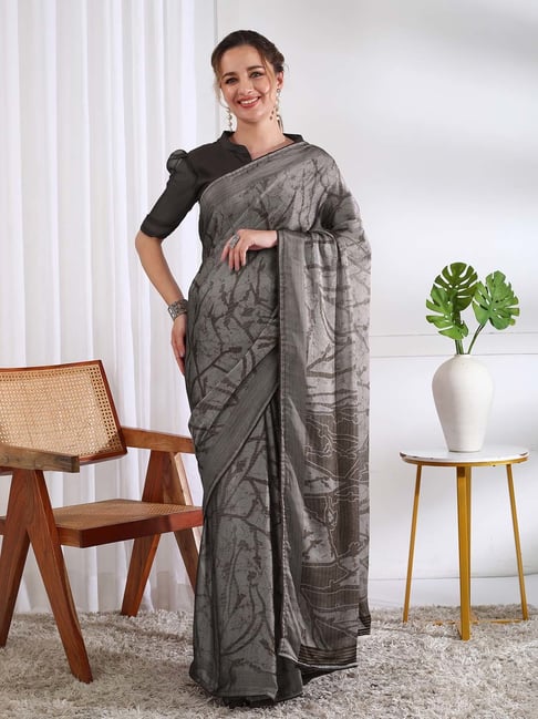 MIRCHI FASHION Grey Chiffon Printed Saree With Unstitched Blouse-picture-17
