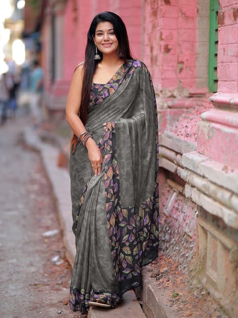 MIRCHI FASHION Grey Chiffon Floral Print Saree With Unstitched Blouse-picture-29