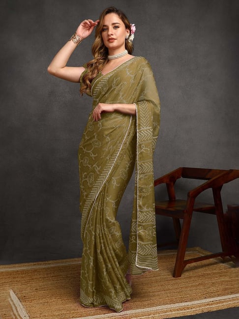 MIRCHI FASHION Green Chiffon Floral Print Saree With Unstitched Blouse-picture-32