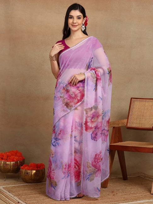 MIRCHI FASHION Pink Georgette Floral Print Saree With Unstitched Blouse-picture-30