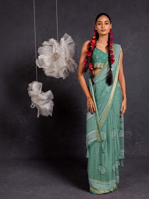 MIRCHI FASHION Teal Georgette Bandhani Saree With Unstitched Blouse-picture-17