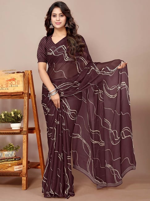 MIRCHI FASHION Wine Chiffon Printed Saree With Unstitched Blouse-picture-23