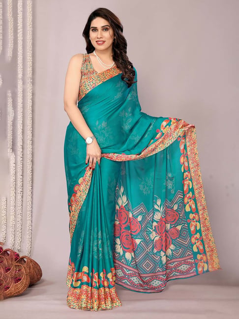 MIRCHI FASHION Teal Chiffon Floral Print Saree With Unstitched Blouse-picture-41