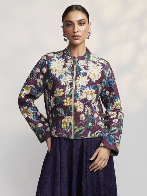 Label Ritu Kumar Burgundy Loose Fit Floral Print Jacket-picture-15
