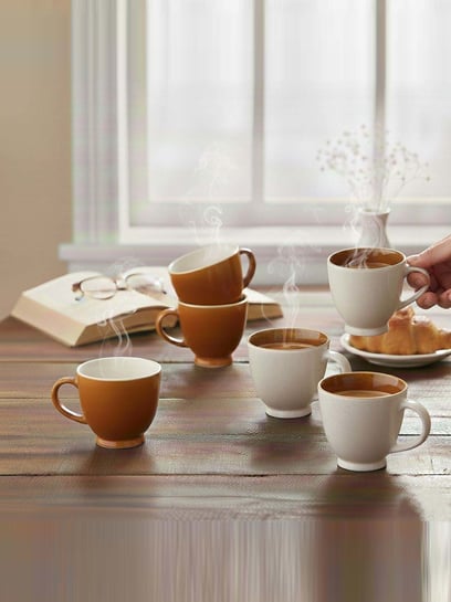 Buy BlackCarrot Brown & White Stoneware Tea Cup - Set of 6 (180 ml