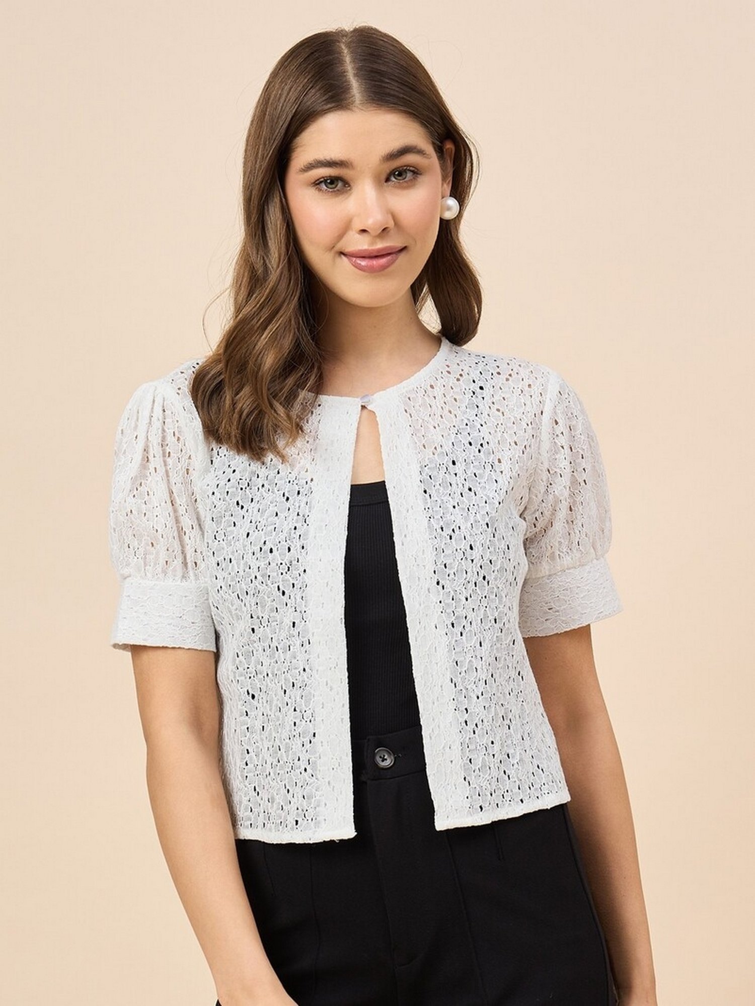 Style Quotient Solid Cotton White Lace Shrug