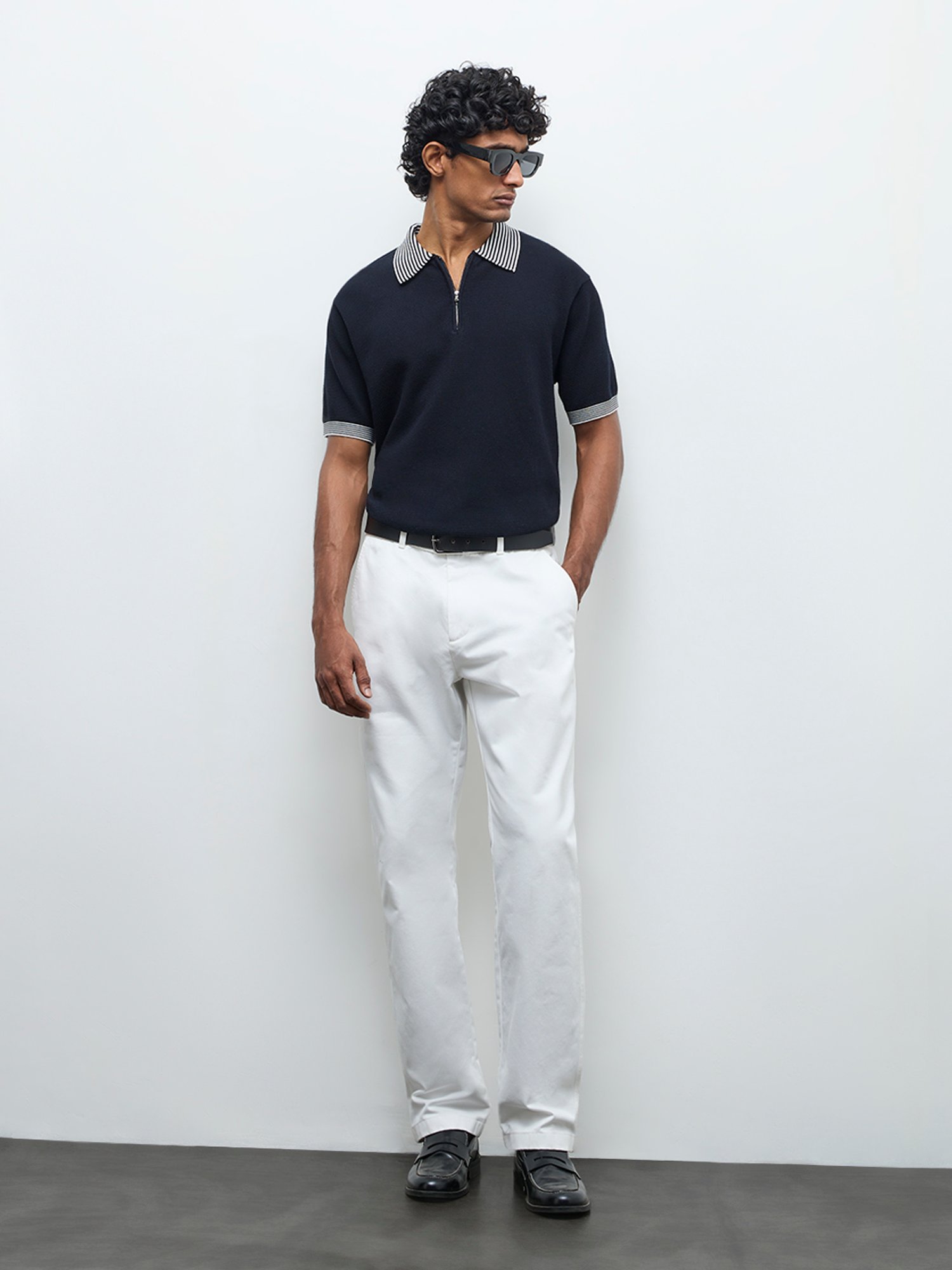 Ascot by Westside Navy Relaxed-Fit Cotton Quarter-Zip Polo T-Shirt