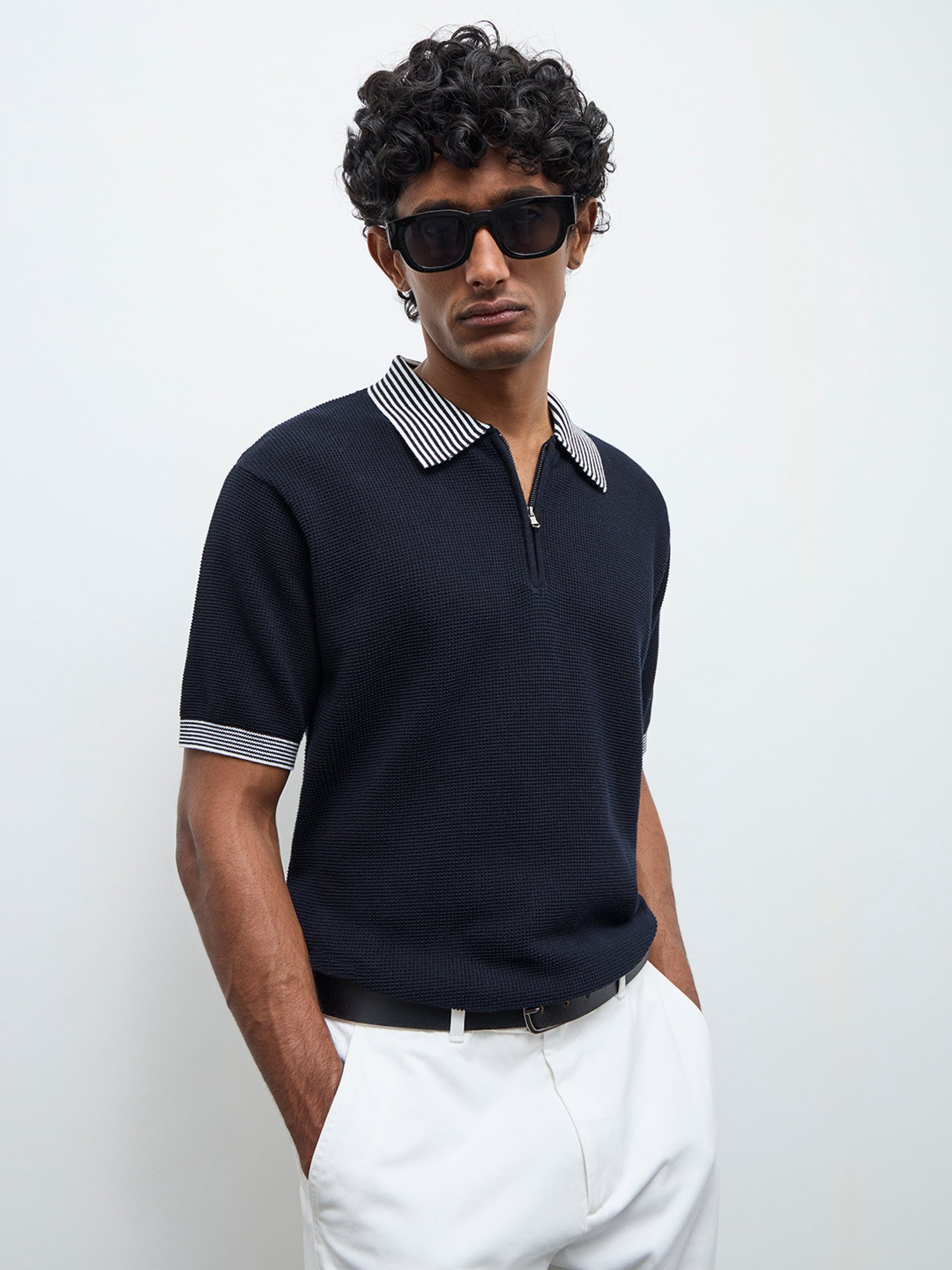 Ascot by Westside Navy Relaxed-Fit Cotton Quarter-Zip Polo T-Shirt