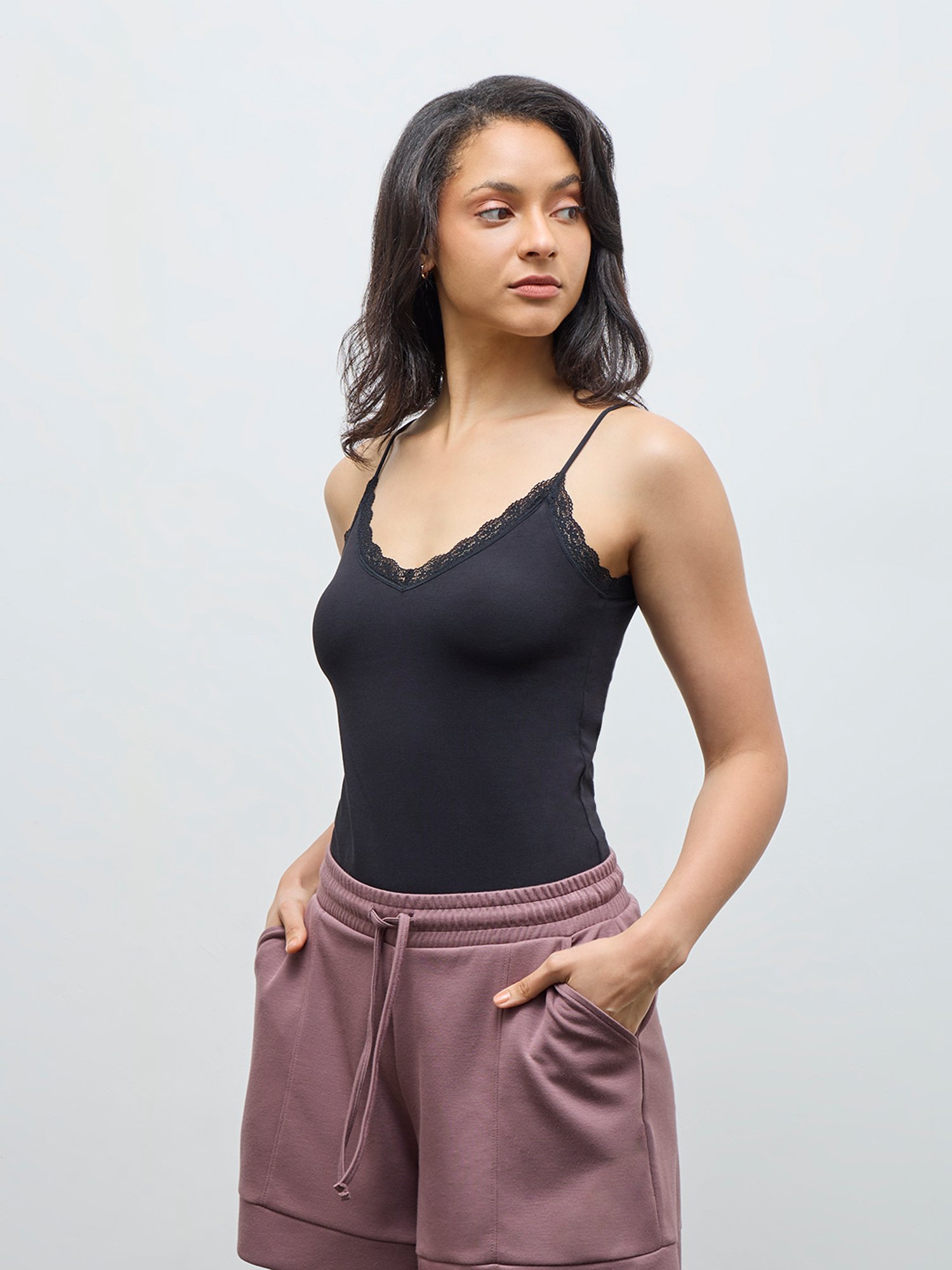 Wunderlove by Westside Black Lace-Detailed Cotton-Blend Camisole