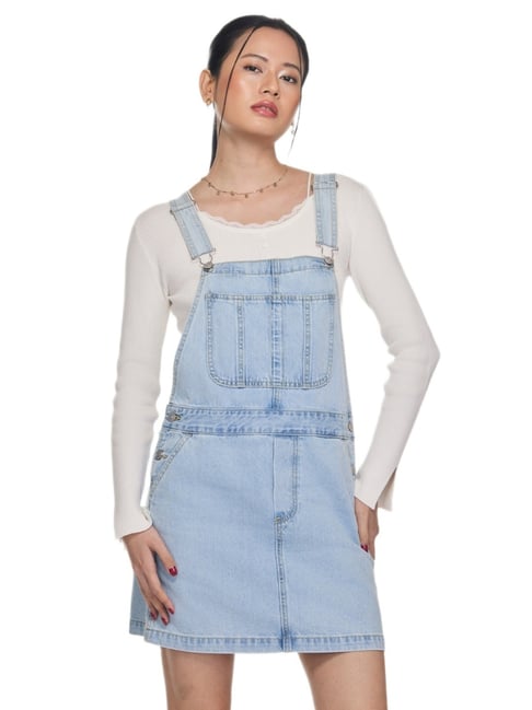 MIXXO Light Indigo Regular Fit Denim Overalls Mini Dress